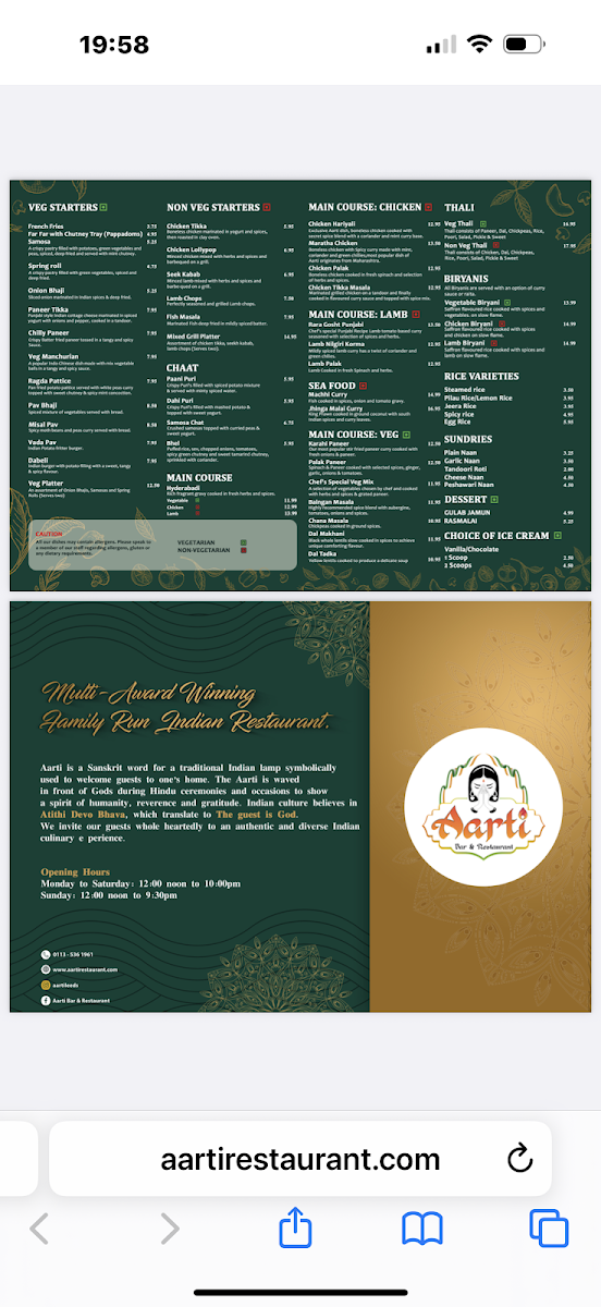 Menu Aarti Indian Restaurant Leeds-1