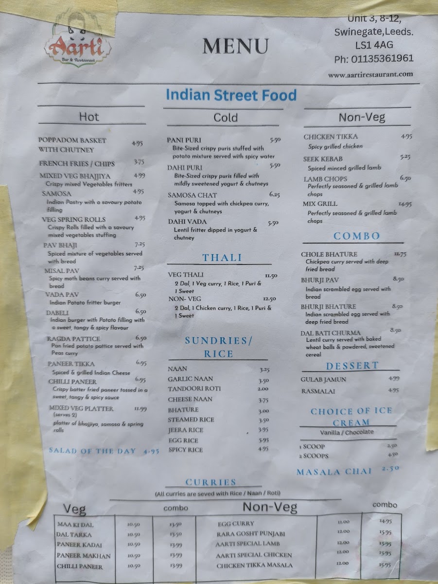 Menu Aarti Indian Restaurant Leeds-7