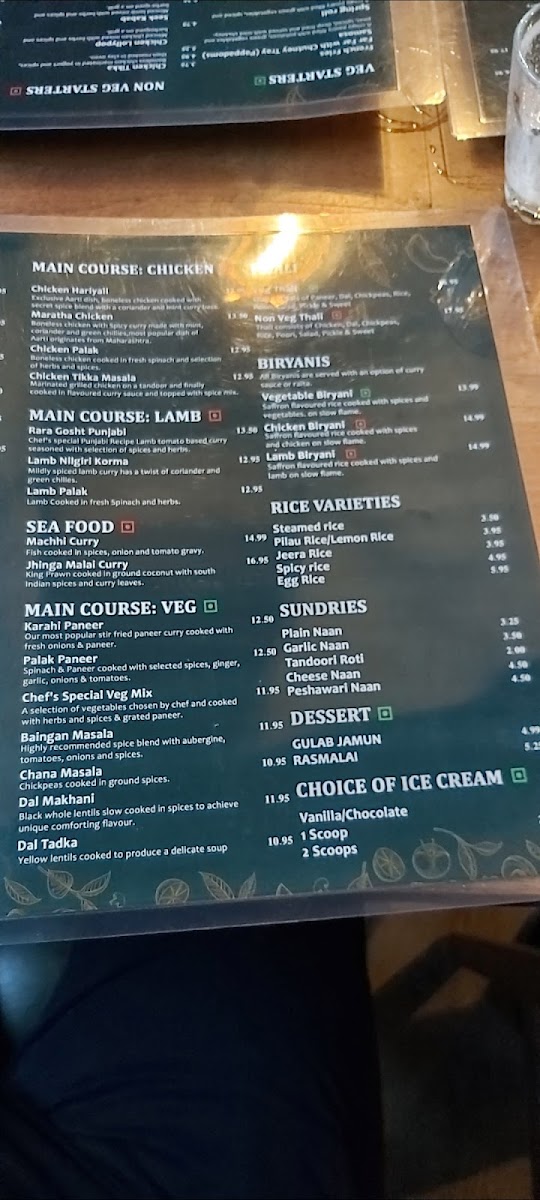 Menu Aarti Indian Restaurant Leeds-8