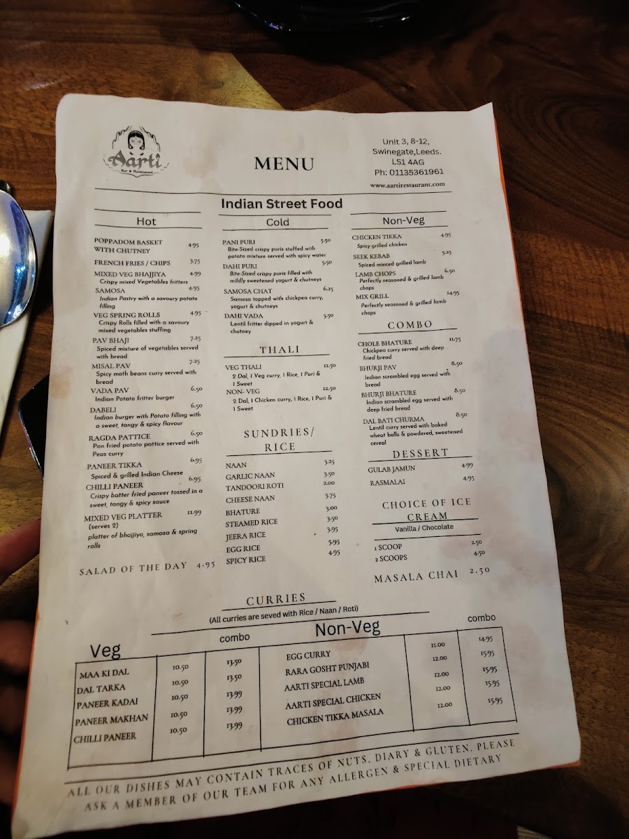 Menu Aarti Indian Restaurant Leeds-9