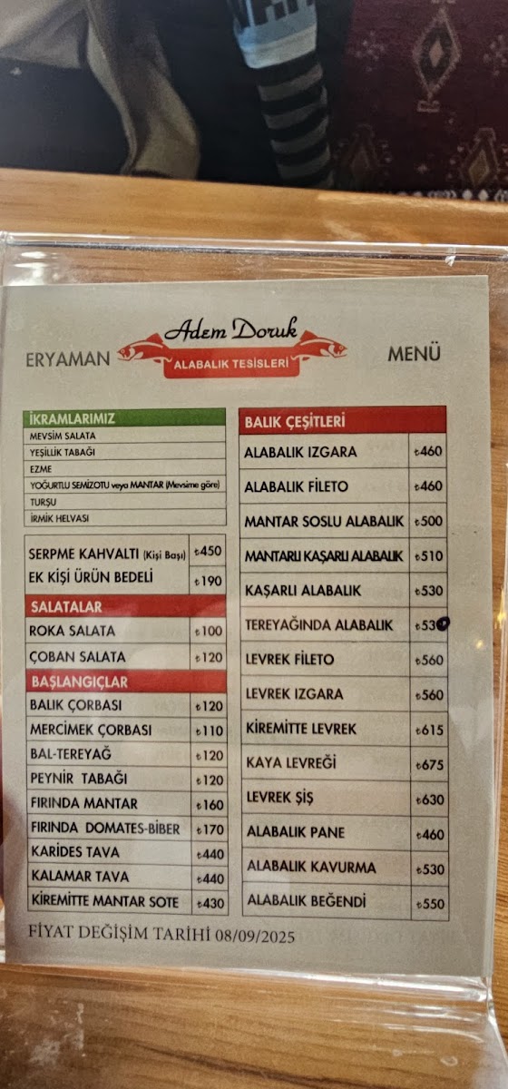 Menu Adem Doruk Balık Alabalık Lokantası Eryaman Şube-5