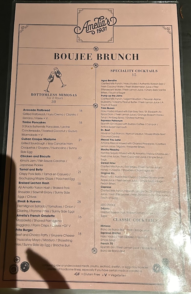 Menu Amelia's 1931-1