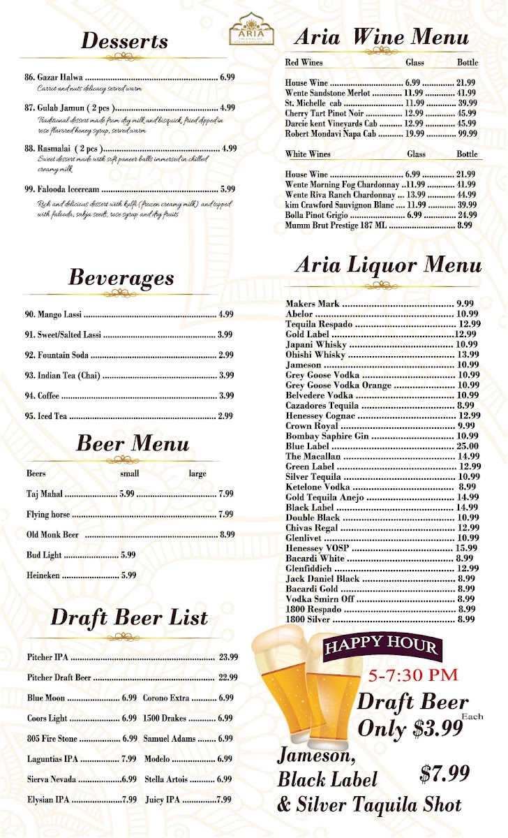 Menu Aria Dining & Banquets Fine Indian Cuisine-5