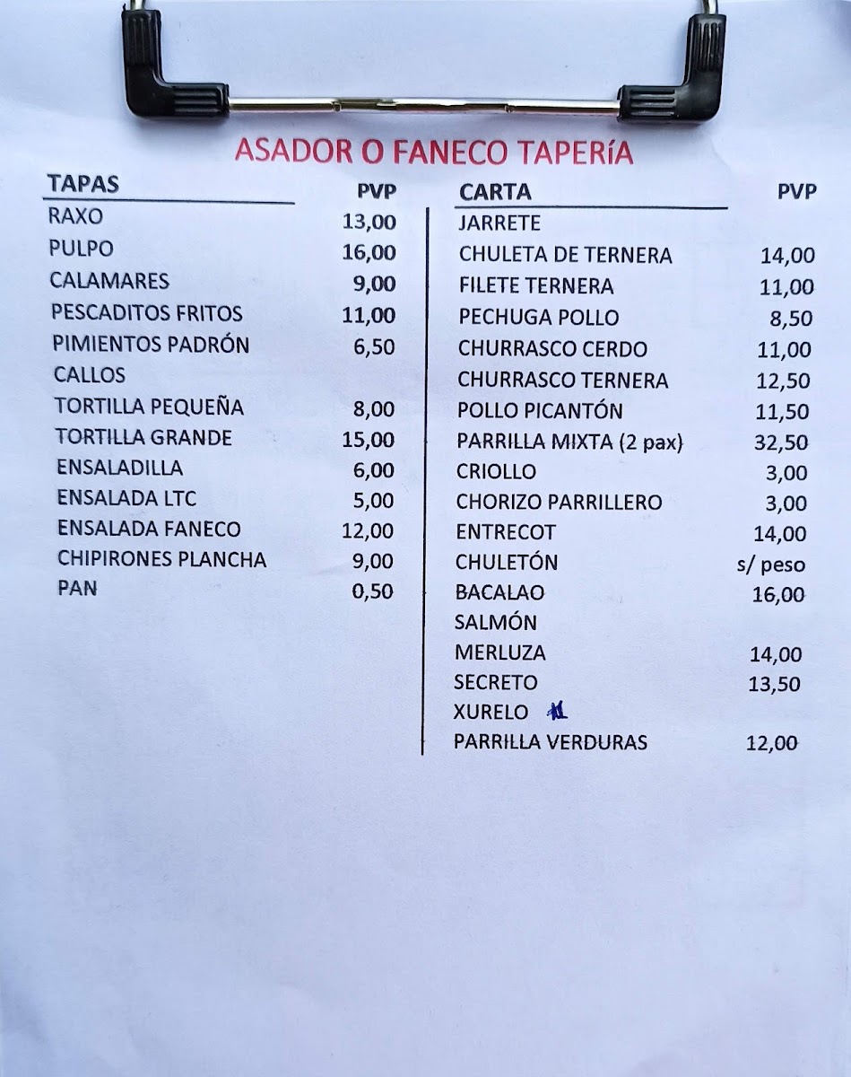 Menu Asador O Faneco Taperia Parque Forestal De Beade-7