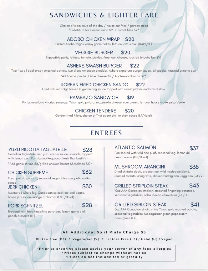 Menu Asher's Restaurant & Patio-1