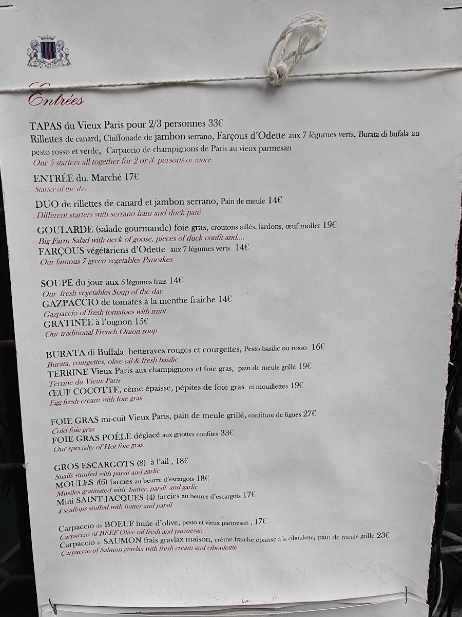 Menu Au Vieux Paris D'arcole-1