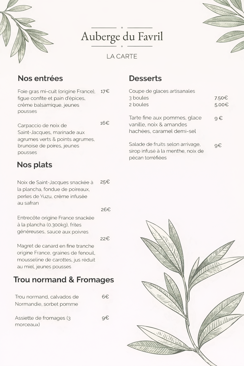 Menu Auberge Du Favril-1