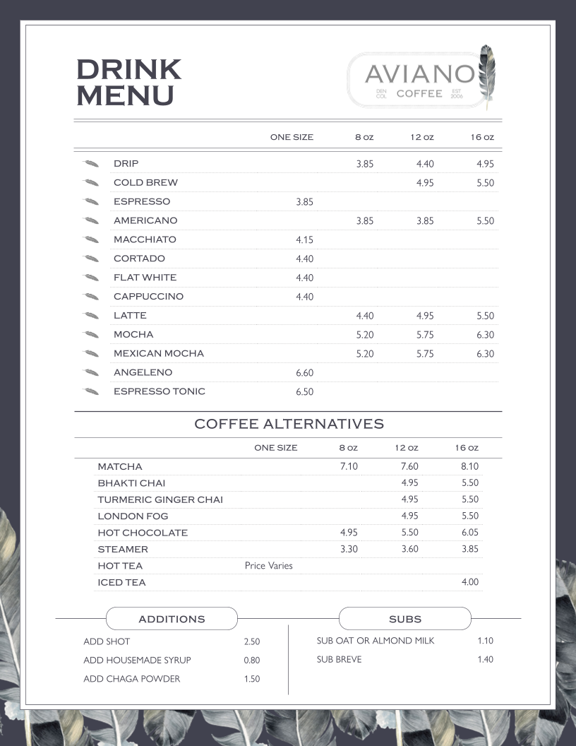 Menu Aviano Coffee On 2Nd-1