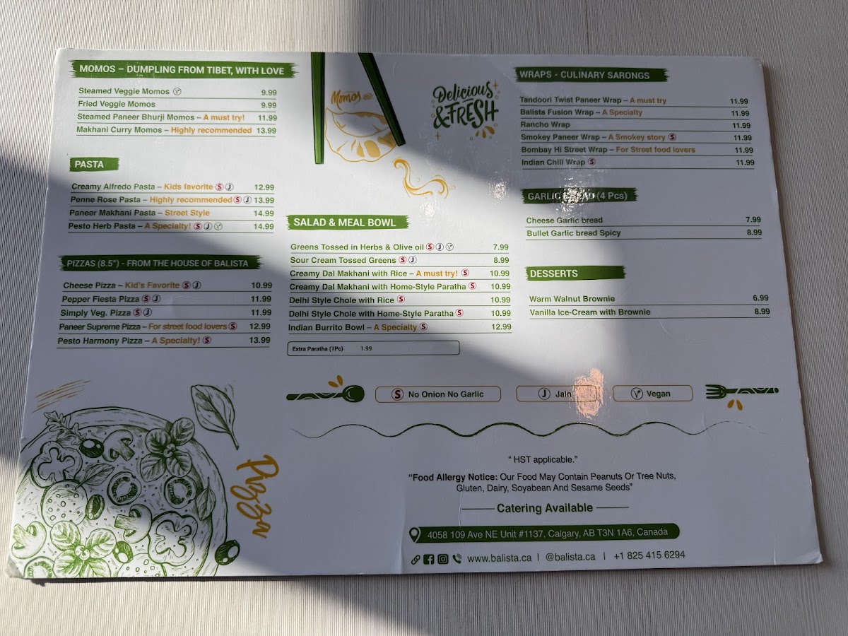 Menu Balista Bistro - Calgary | Indian Restaurant-1