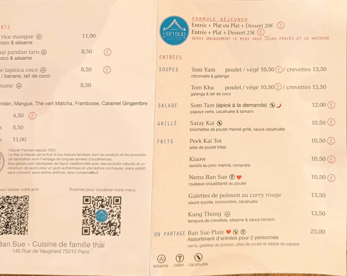 Menu Ban Sue - Restaurant Thai Paris 15-5