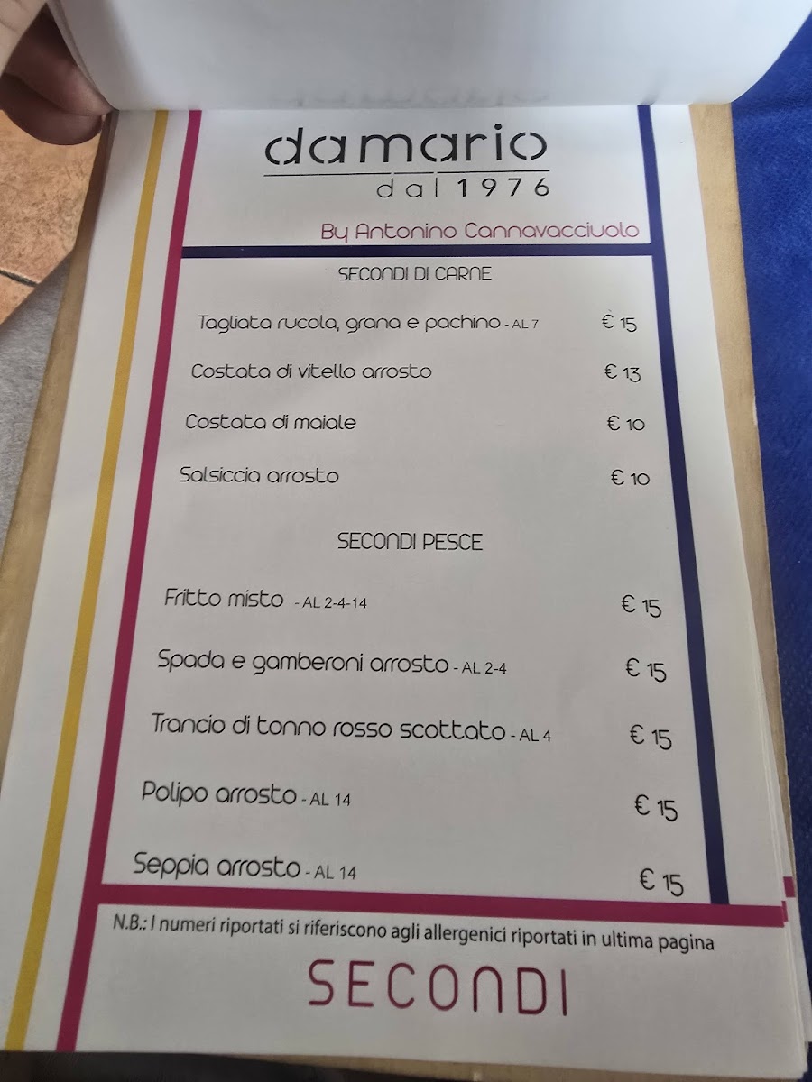 Menu Bar Ristorante Pizzeria B&b Da Mario 1976-2