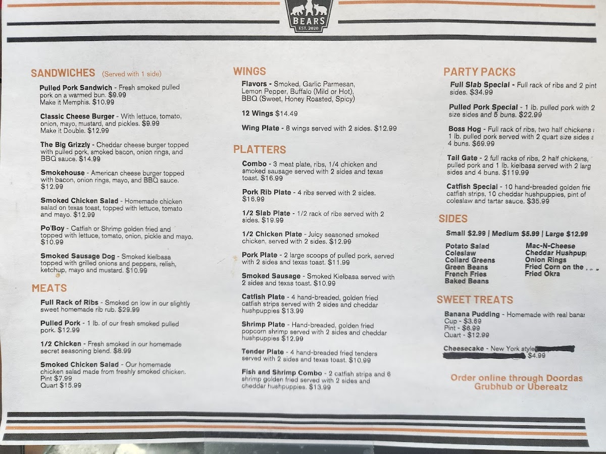 Menu Bbq Bears Restaurant & Catering-1