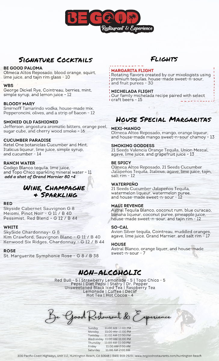Menu Be Good Restaurant & Experience - Huntington Beach-1