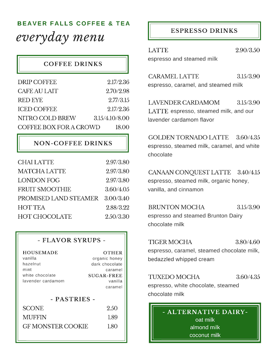 Menu Beaver Falls Coffee & Tea Company-1
