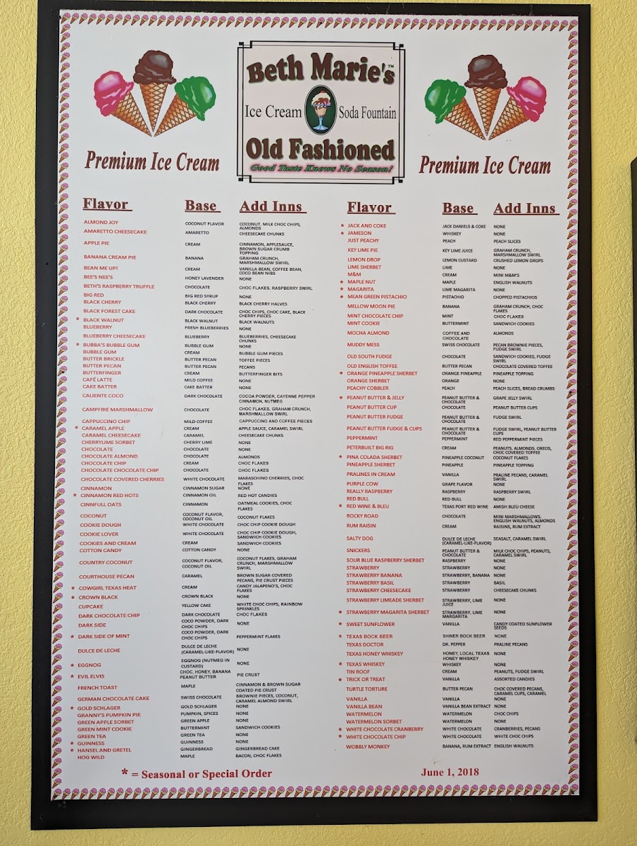 Menu Beth Marie's Old Fashioned Ice Cream-1