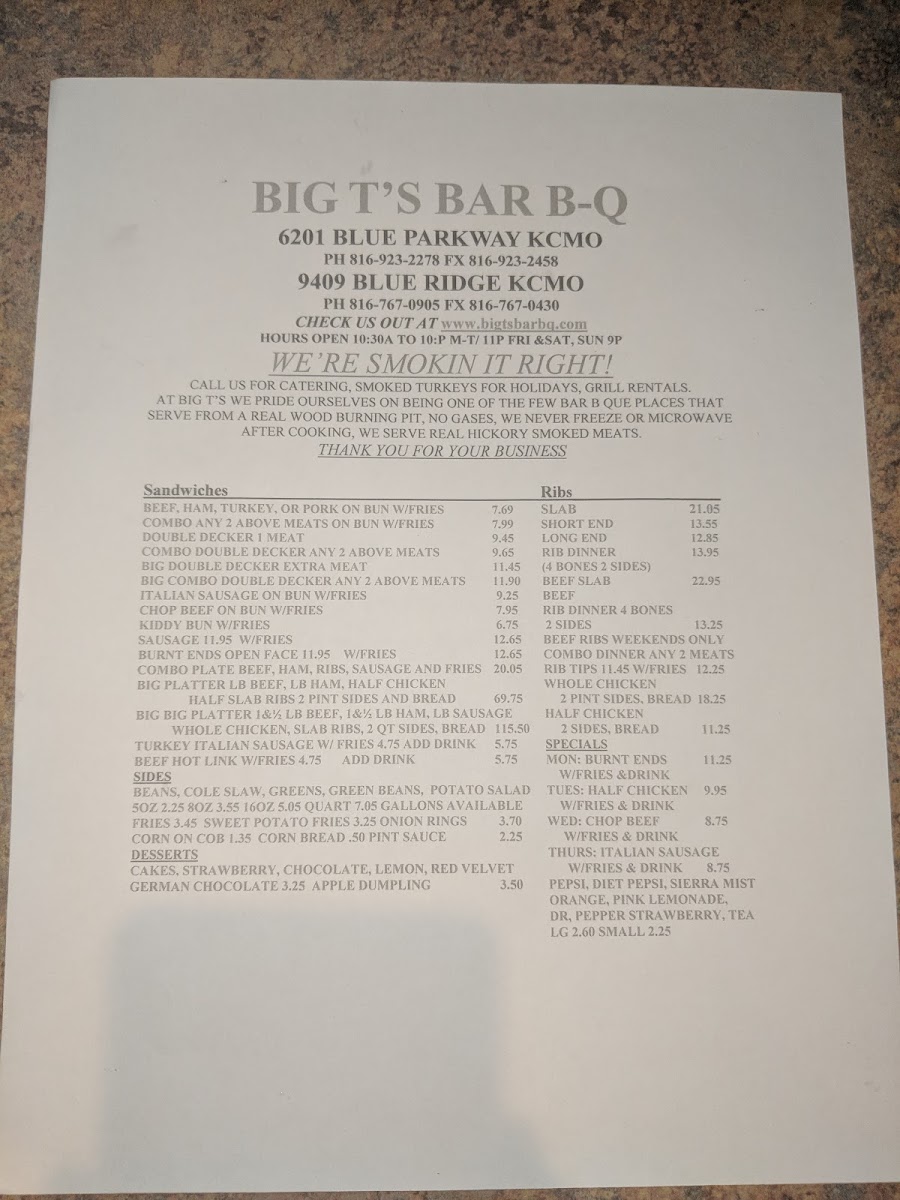 Menu Big T's Bar-B-Q-8