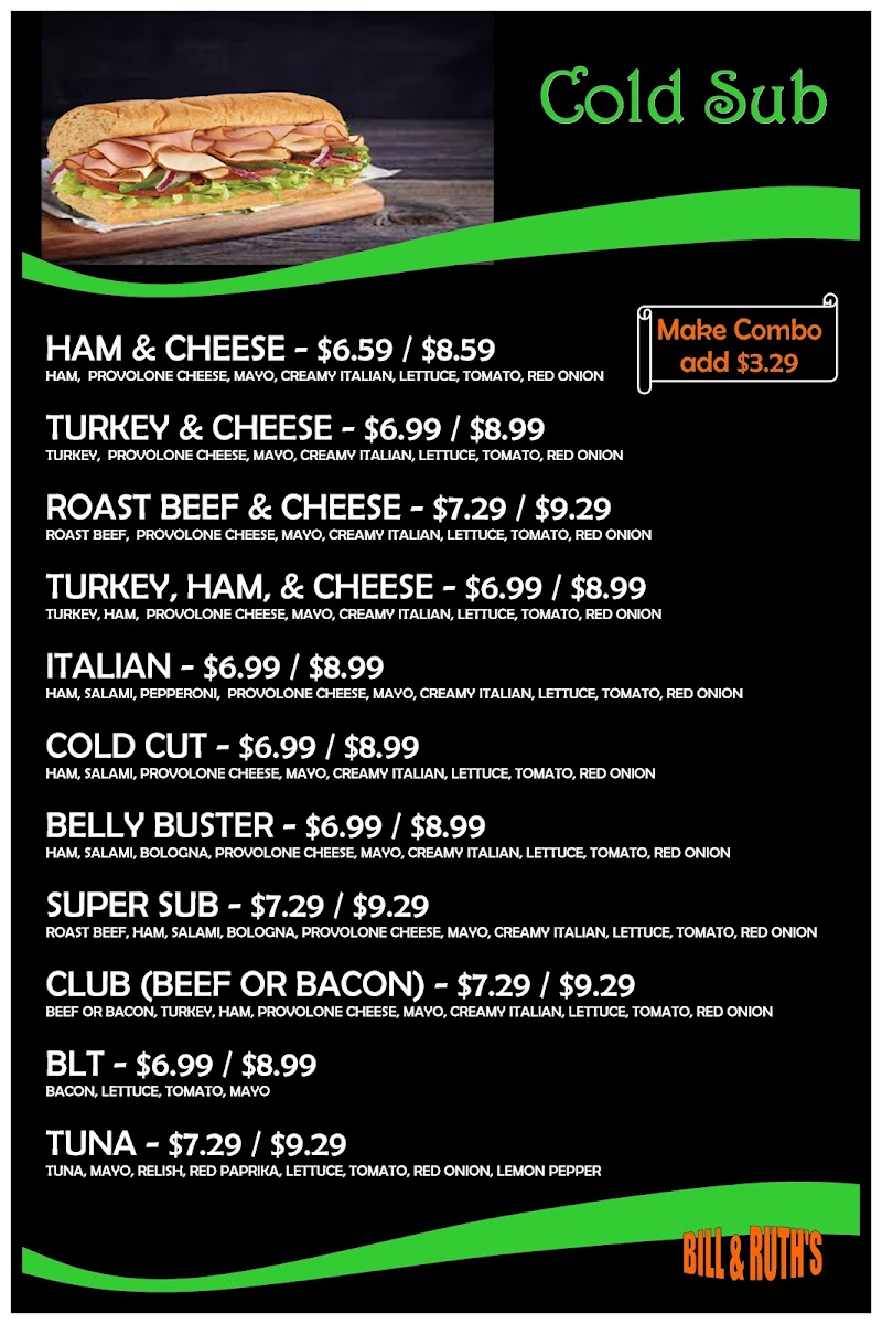 Menu Bill & Ruth's Sub Shop-1
