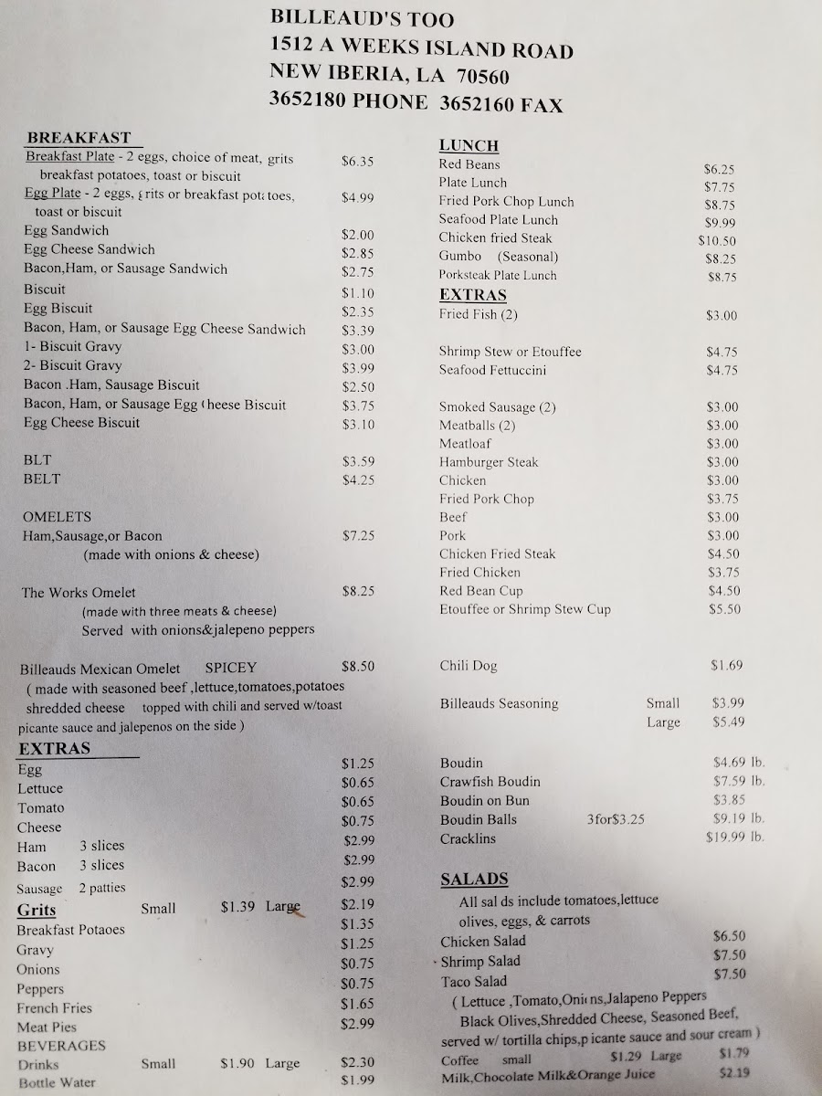 Menu Billeaud's Too-1