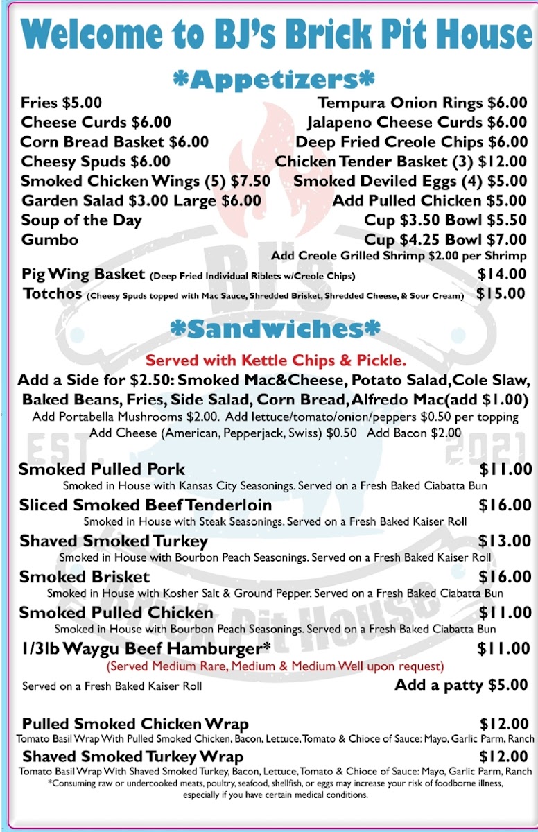 Menu Bj's Brick Pit House-1