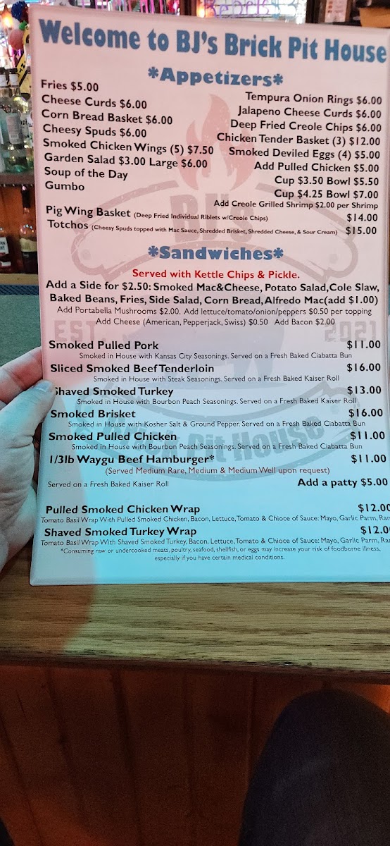 Menu Bj's Brick Pit House-4