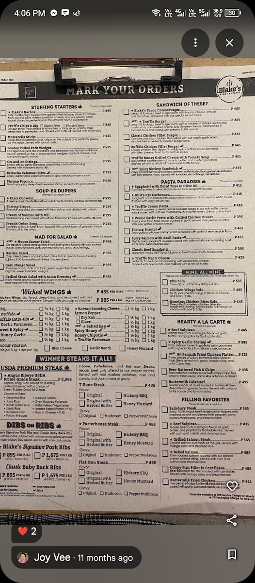 Menu Blake's Wings & Steaks - Marikina-5