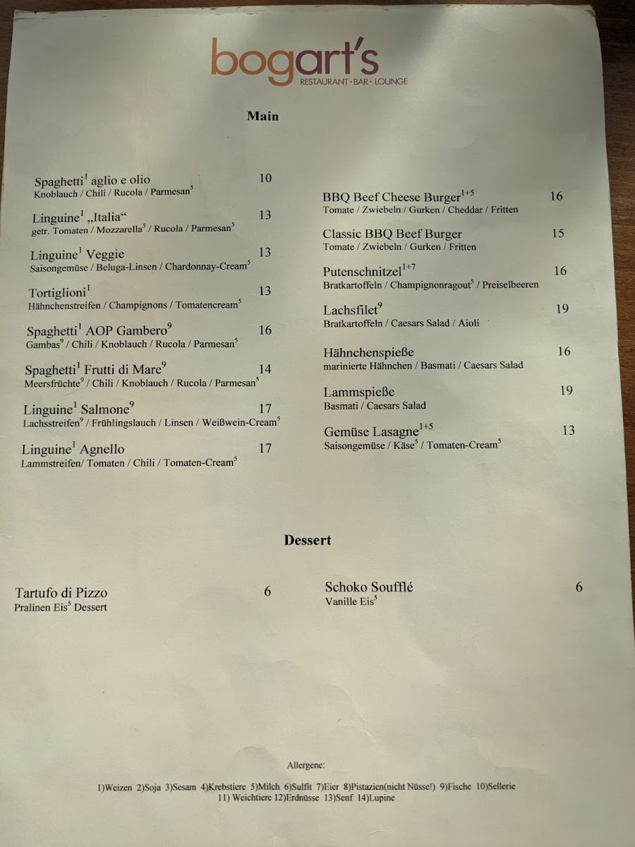 Menu Bogart‘S-1