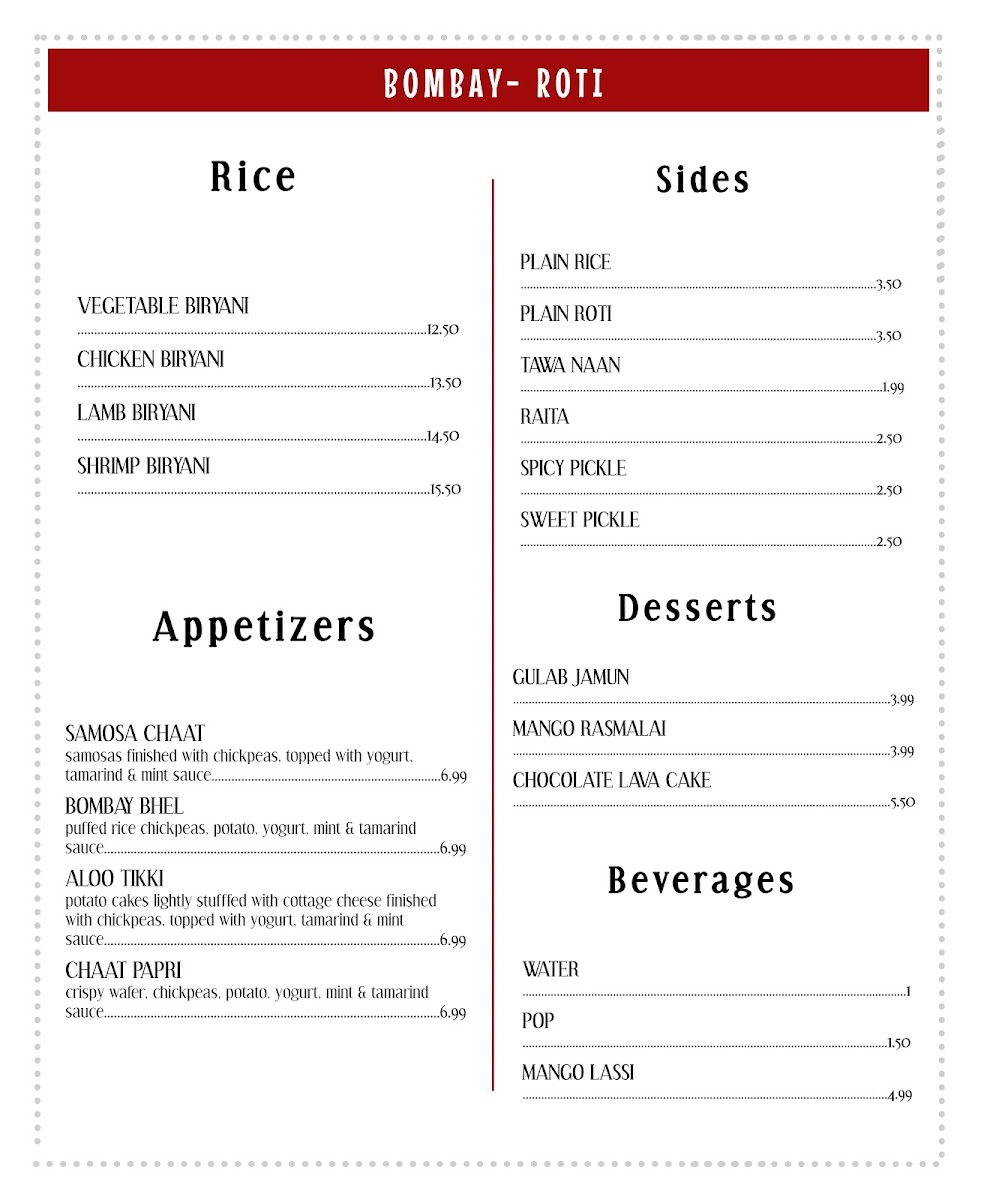 Menu Bombay Roti (Yonge + Sheppard)-5