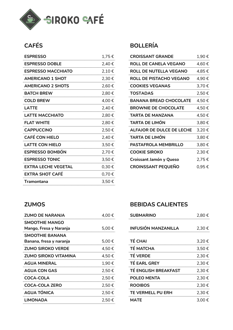 Menu Café | Siroko | Café De Especialidad-1