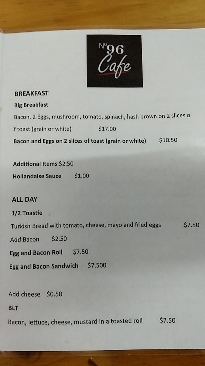 Menu Cafe 96-1