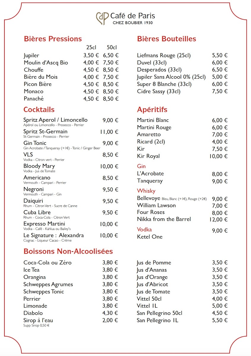 Menu Café De Paris - Chez Boubier 1930-1