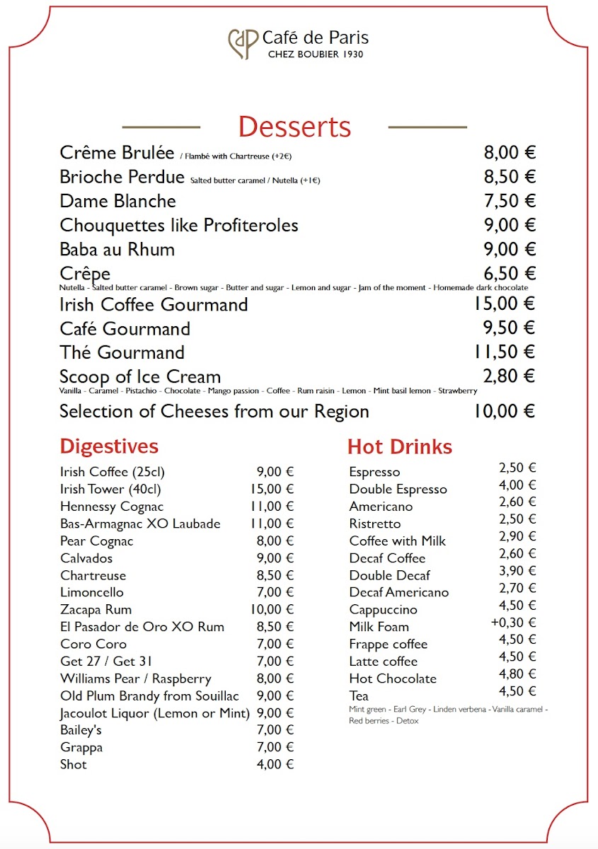 Menu Café De Paris - Chez Boubier 1930-2