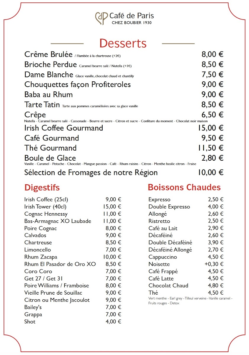 Menu Café De Paris - Chez Boubier 1930-4