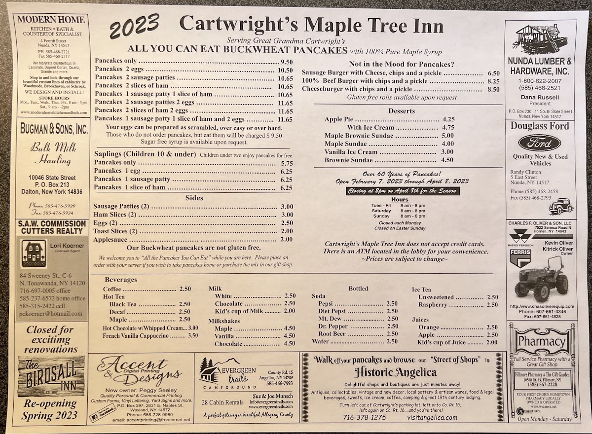 Menu Cartwright's Maple Tree Inn, Llc-3