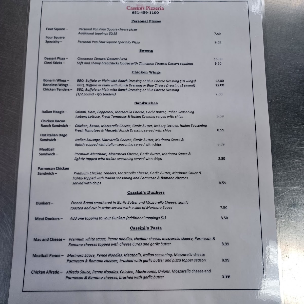 Menu Cassini's Pizza-1