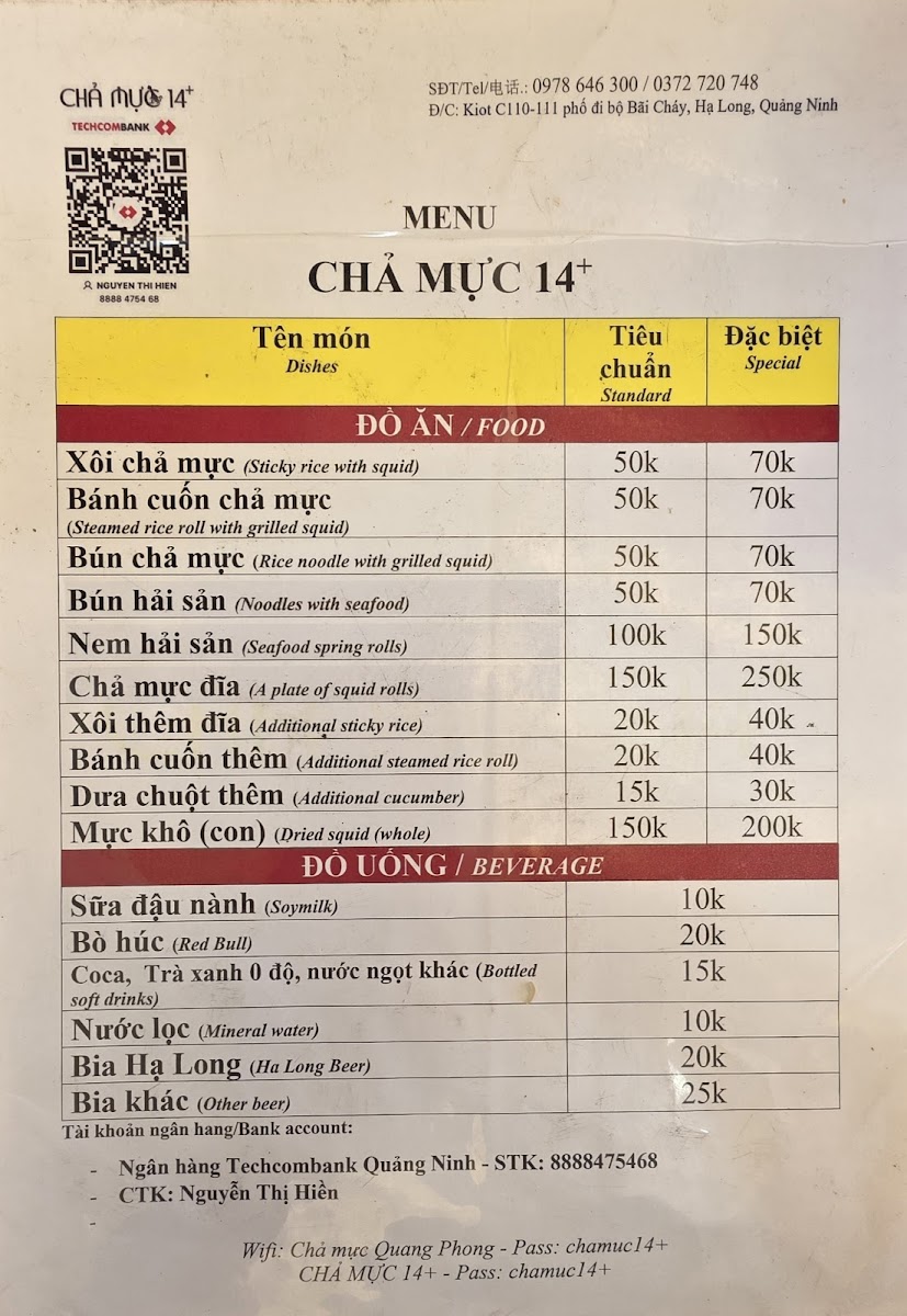 Menu Chả Mực 14 Xôi, Bún, Bánh Cuốn Chả Mực-1