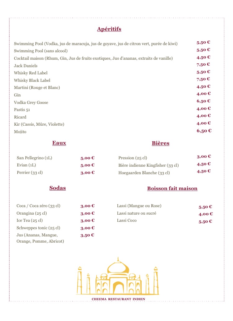 Menu Cheema Restaurant Indien-8