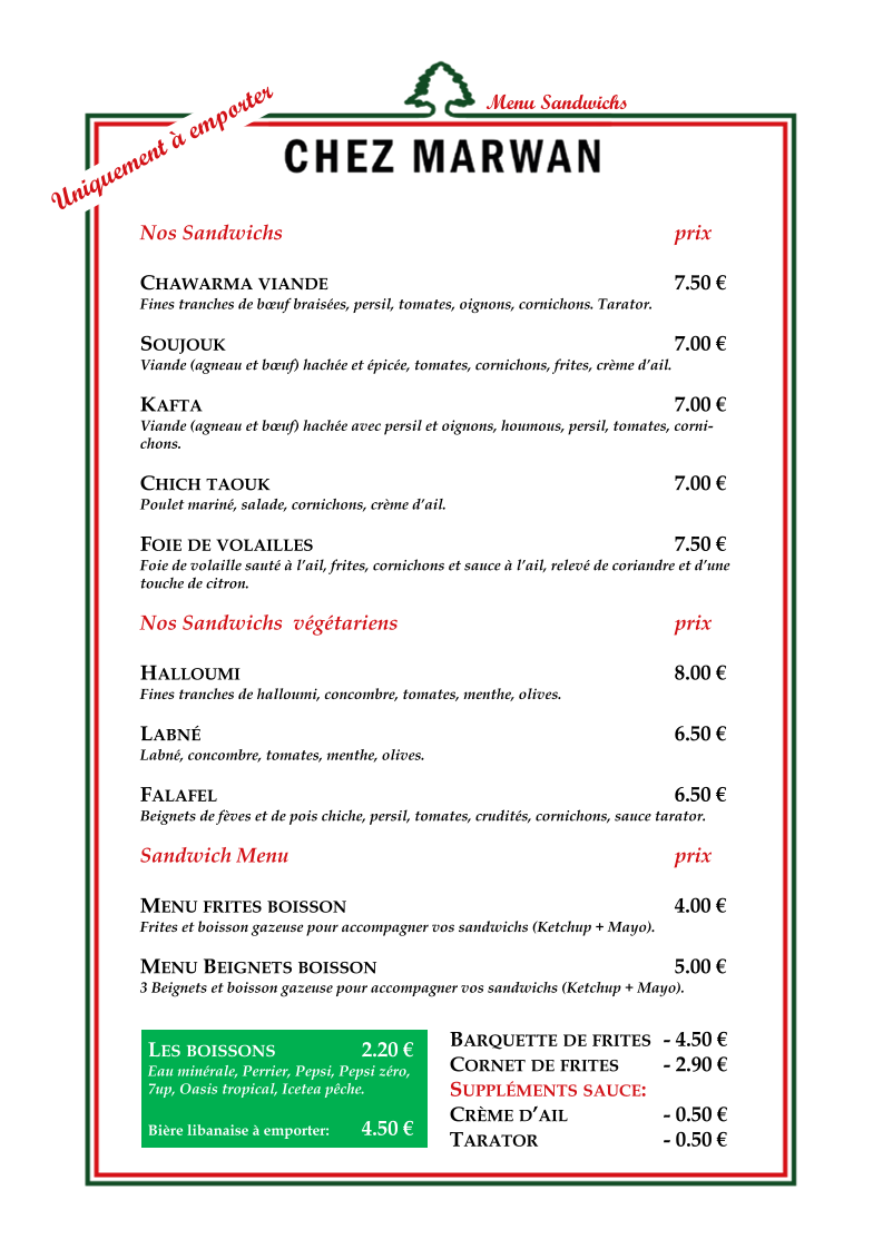 Menu Chez Marwan - Restaurant Libanais Marseille 13005-1