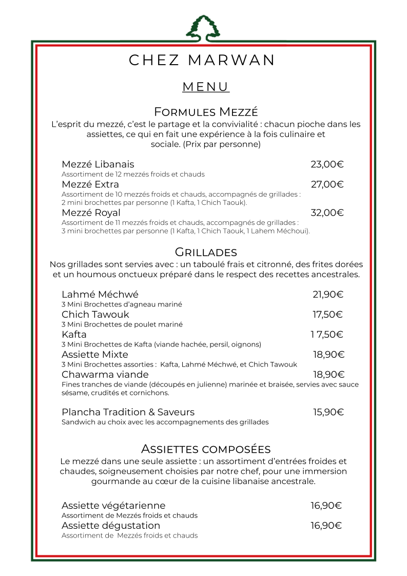 Menu Chez Marwan - Restaurant Libanais Marseille 13005-3