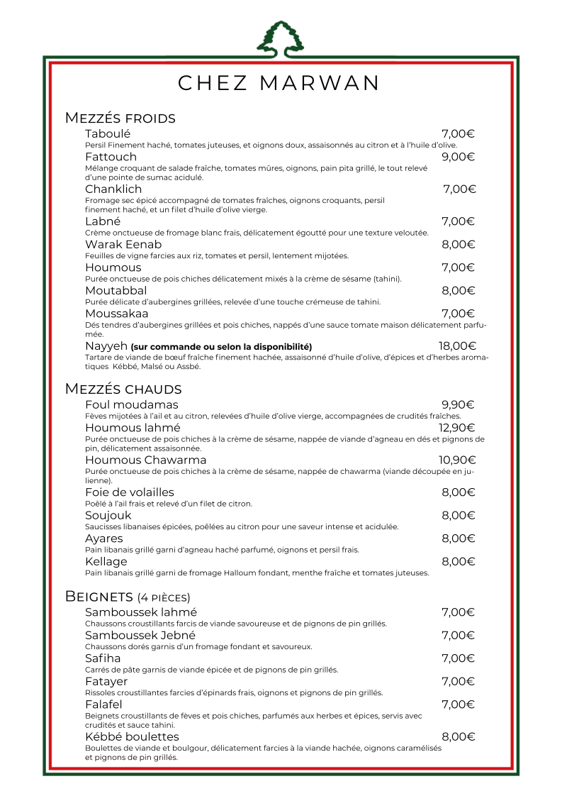 Menu Chez Marwan - Restaurant Libanais Marseille 13005-5