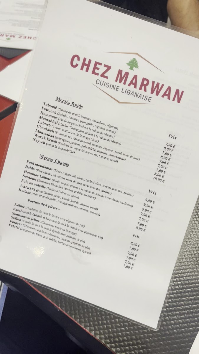 Menu Chez Marwan - Restaurant Libanais Marseille 13005-6