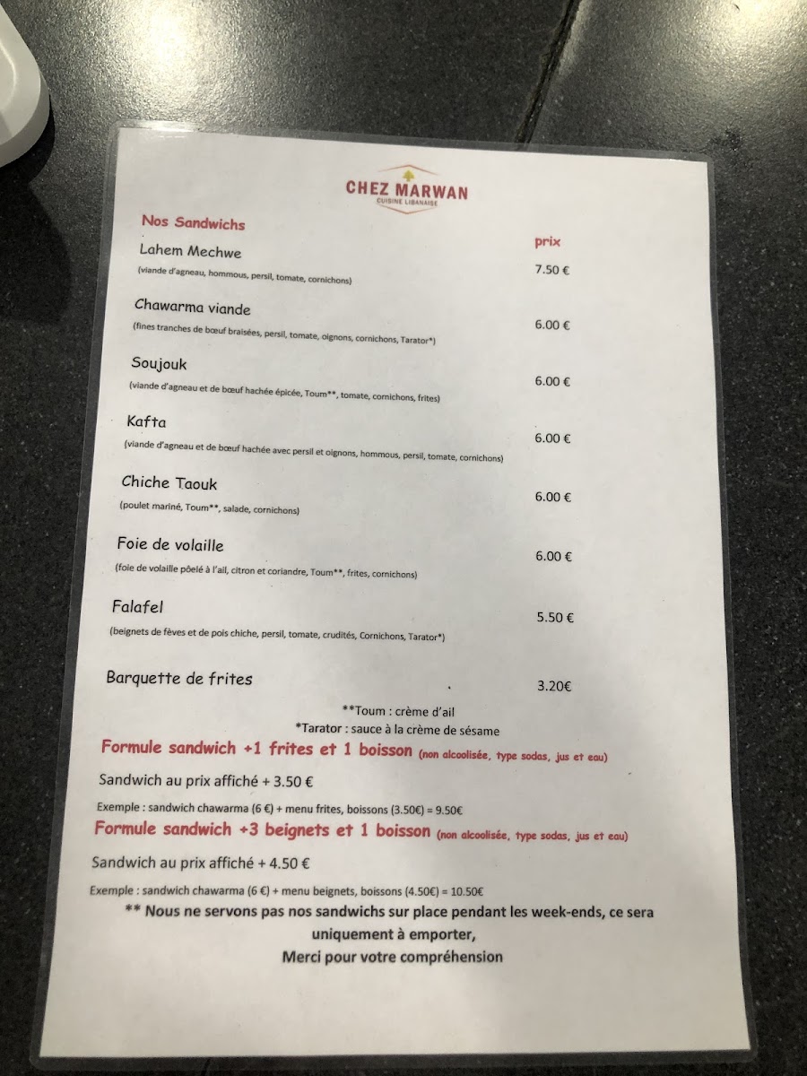 Menu Chez Marwan - Restaurant Libanais Marseille 13005-8