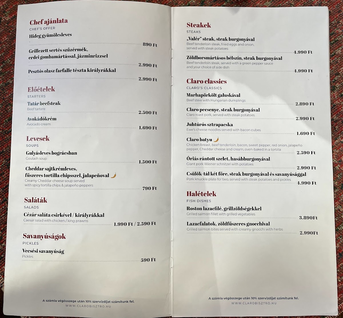 Menu Claro Bisztró-7
