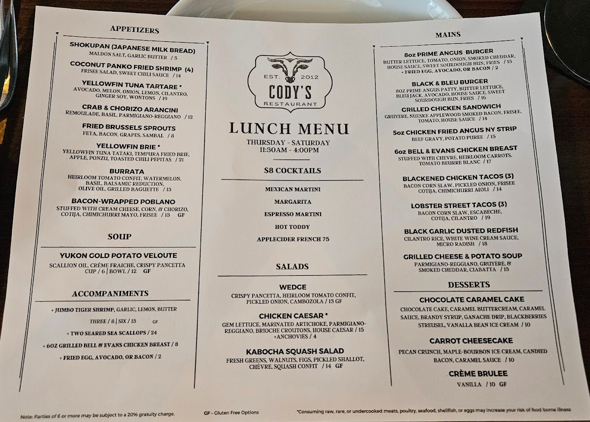 Menu Cody's Restaurant, Bar, & Patio Nb-3