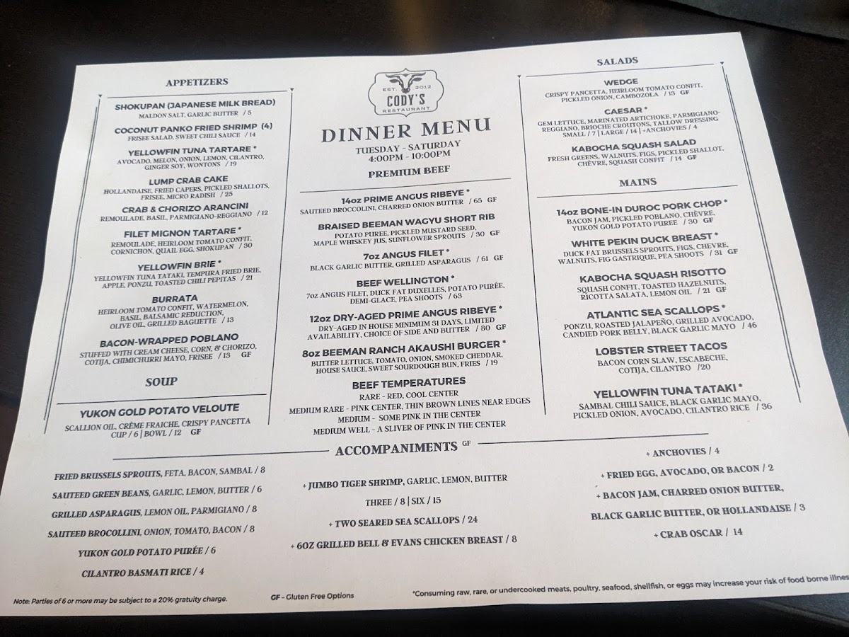 Menu Cody's Restaurant, Bar, & Patio Nb-9
