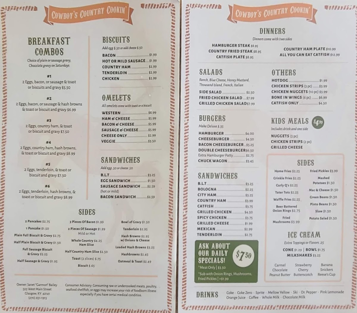 Menu Cowboy's Country Cookin'-1