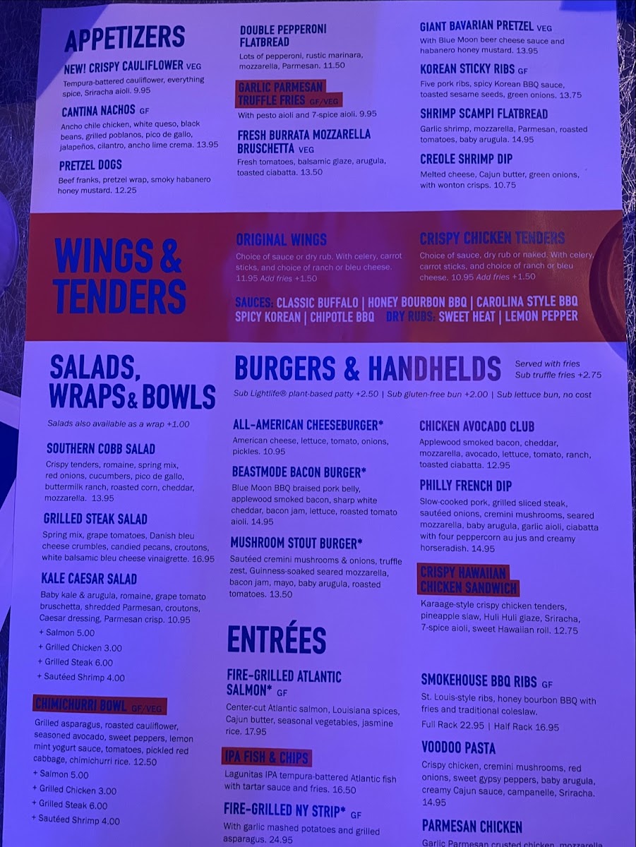 Menu Dave & Buster's Cary-10