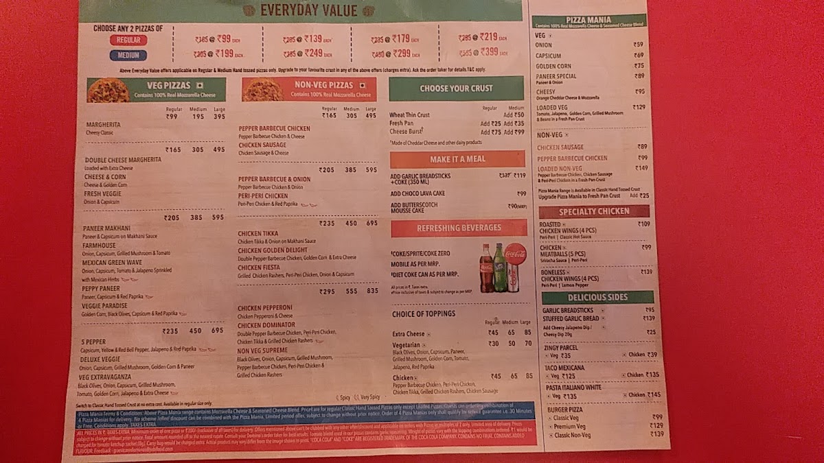 Menu Domino's Pizza | Jail Road, New Delhi-7
