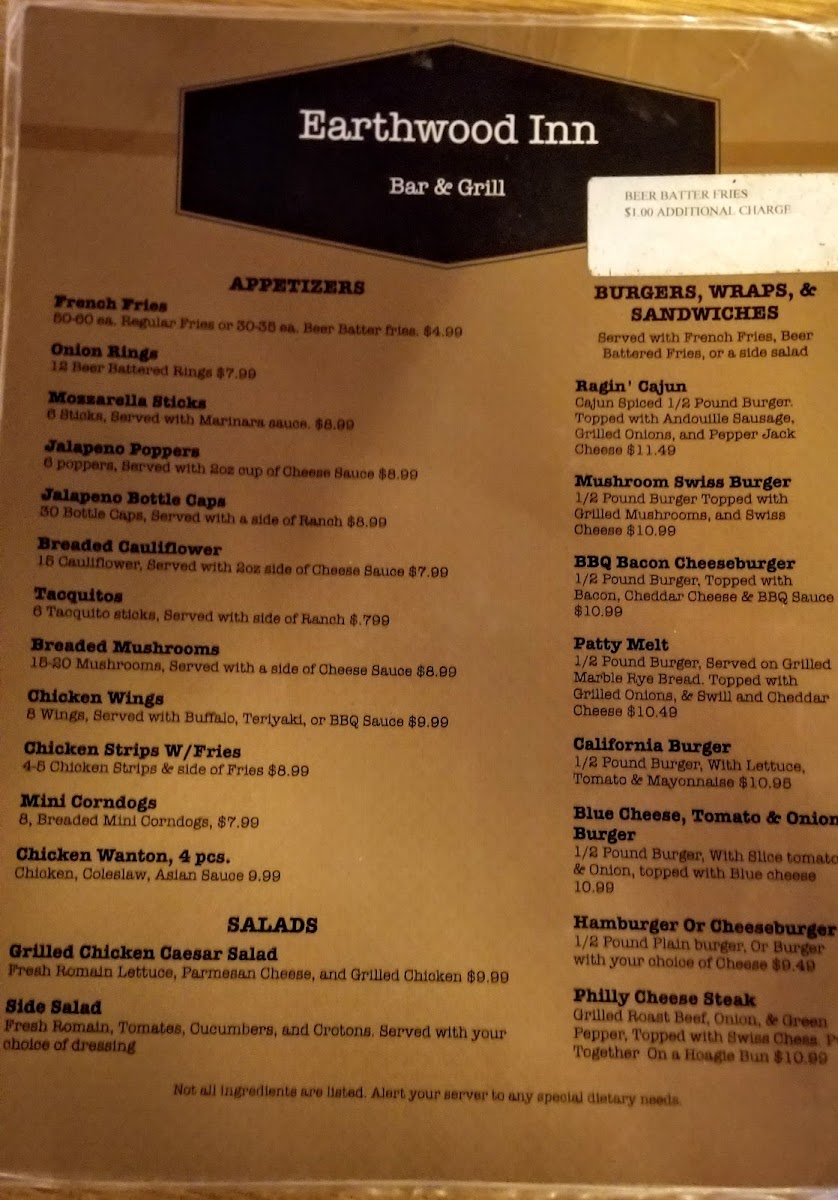 Menu Earthwood Inn, Restaurant, & Bar-1