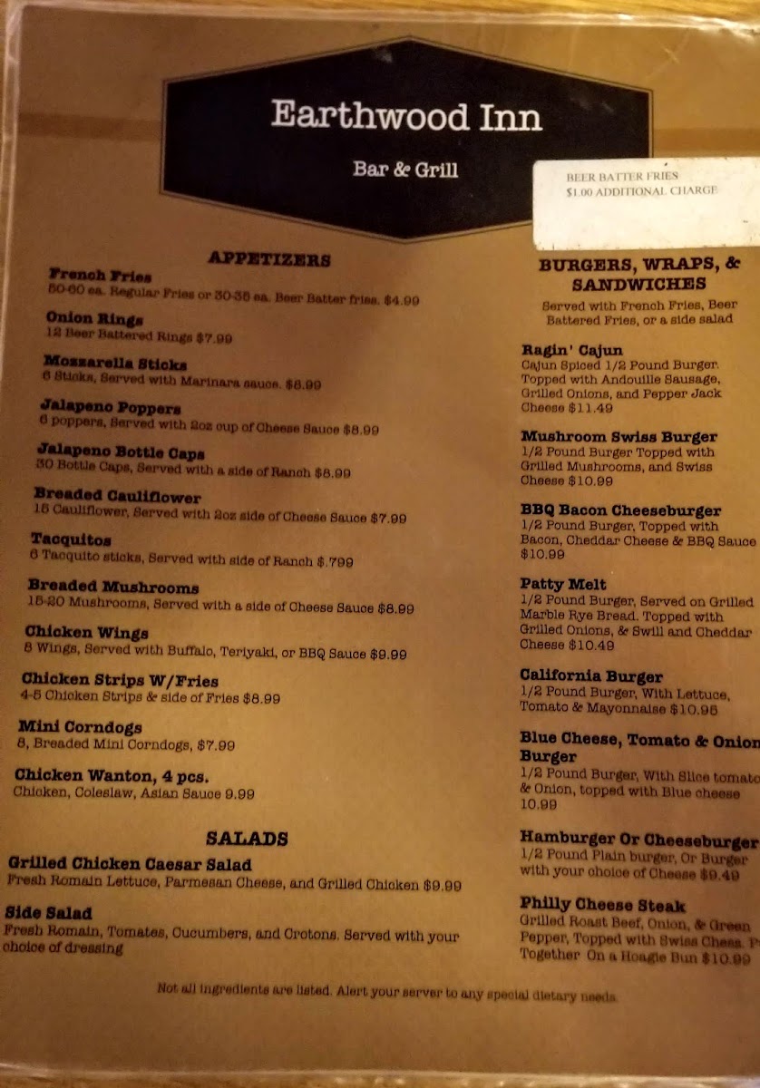 Menu Earthwood Inn, Restaurant, & Bar-2
