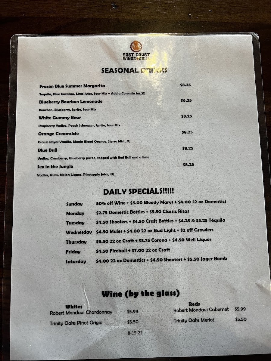 Menu East Coast Wings + Grill-7